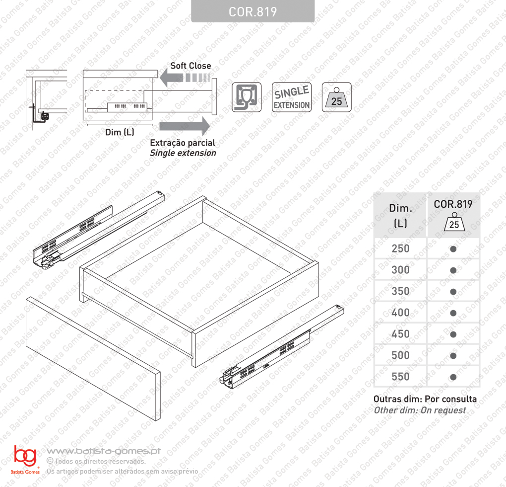 Corredi�as ocultas com Soft-Close para gavetas / Extra��o parcial / 25Kg